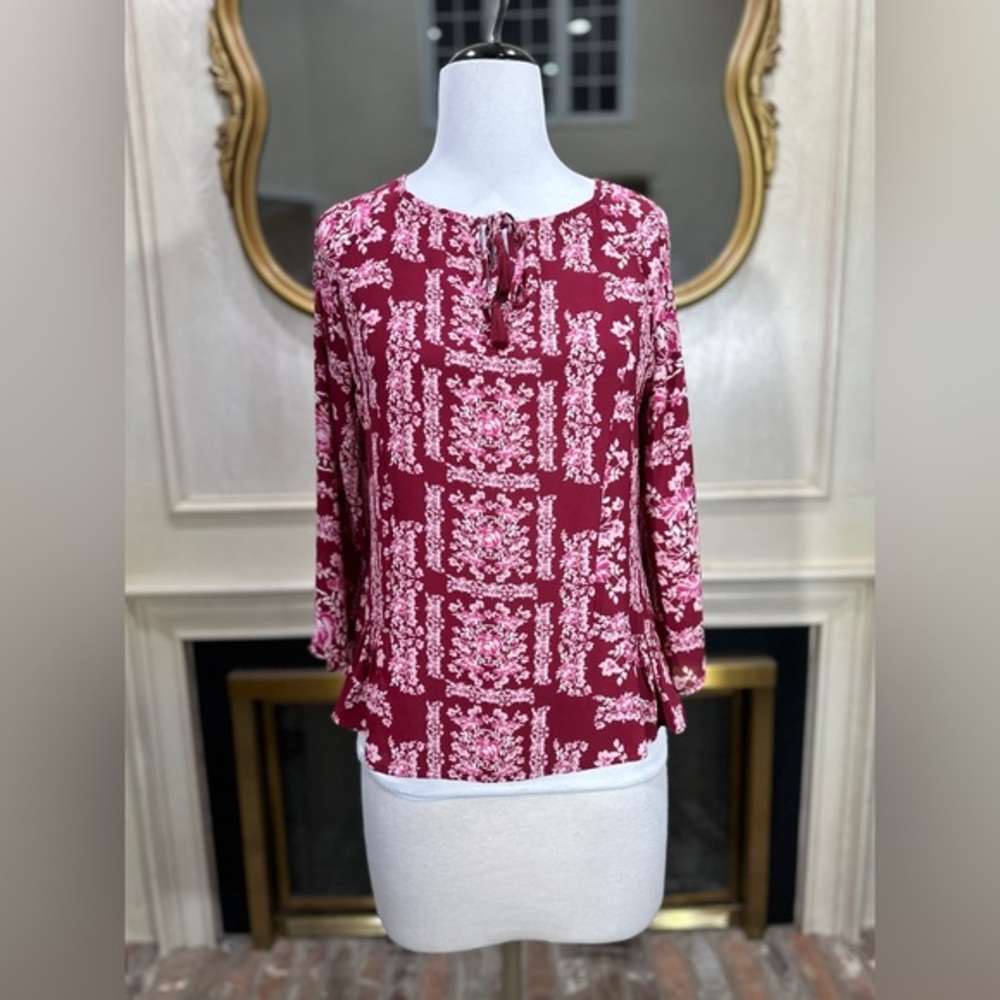 NY&C Soho Jeans Burgundy Floral Tassel Blouse Small‎ Boho Peasant Top NWT